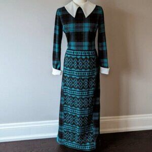 Vintage 70's James Kenrob by Dalton long sleeve knit plaid maxi prairie dress